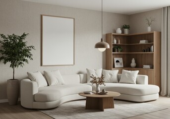 Modern minimalist living room with white sofa, wood shelves, and canvas