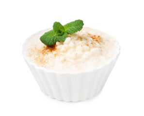 Tasty rice pudding with cinnamon and mint in bowl isolated on white