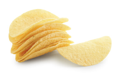 Many tasty potato chips isolated on white