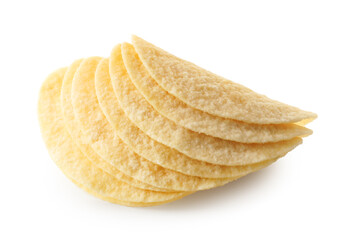 Many tasty potato chips isolated on white