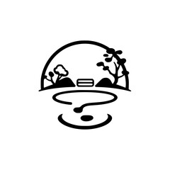 Stylized minimalist black and white illustration, featuring mountains, a bench, and a question mark with a minimalist style