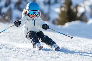 young girl is skiing down the mountain, wearing a blue helmet and a white jacket with black pants, holding ski poles in her hands while skiing on the snow-covered ground.