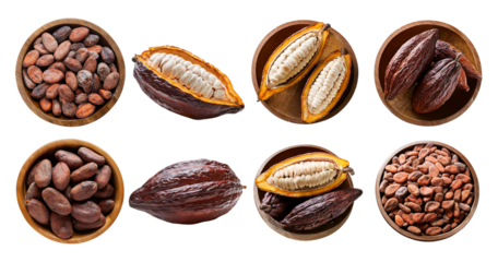 Various Cocoa Beans and Pods on Brown Background Displayed Artfully, isolated on transparent background