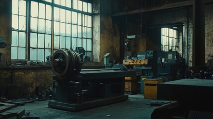 Fototapeta premium Industrial workshop with metal fabrication tools and advanced engineering machines