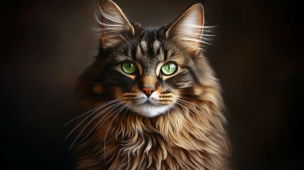 Mystical Gaze: A close-up portrait of a long-haired cat with striking green eyes and a mysterious expression, revealing intricate fur patterns
