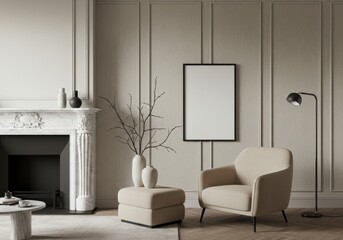 Minimalist cozy living room with textured walls, sideboard, and bean bag