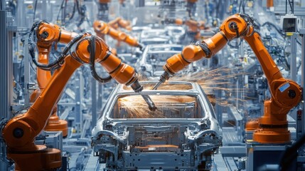 Inside a car manufacturing factory with robotic arms assembling vehicles