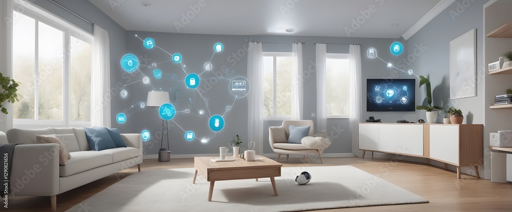 Aufkleber illustrate the concept of the internet of things with an image of a smart home, featuring various co
