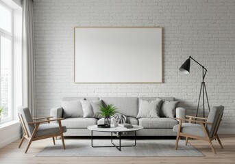Scandinavian living room, minimalist interior design, white brick wall, large empty frame, grey couch with throw pillows, modern floor lamp