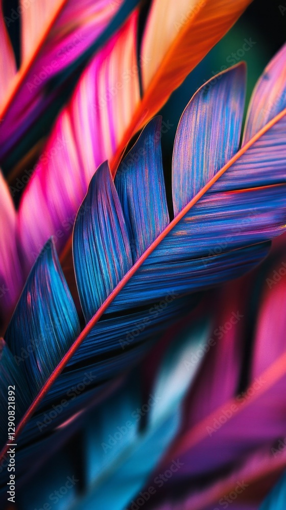 Poster Intricate patterns of colorful palm leaves come together to form an abstract canvas, radiating vibrant shades of blue, purple, and pink in a mesmerizing display of nature's artistry