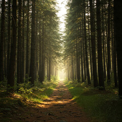 Fototapeta premium footpath in the forest. Path Through Majestic Pine Woodland. Towering Evergreens and the Scent of Pine Needles in a Serene Backdrop.