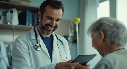 Obraz premium Doctor shares an engaging moment with an elderly patient while reviewing medical details on a tablet in a healthcare setting