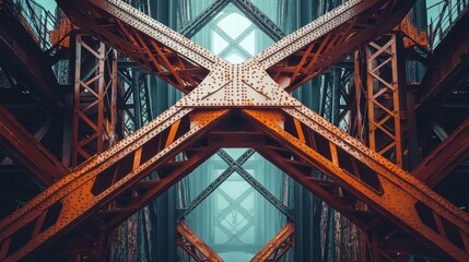 Fototapeta premium Massive steel framework of a modern bridge under construction, showcasing civil engineering