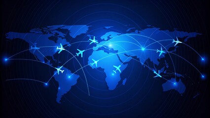 Abstract Airlines of the world map of airplanes for logistics on Light out business technology background. Hitech communication concept innovation background.
