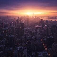 Fototapeta premium Stunning Downtown Skyline at Sunset with Golden Horizon Over a Bustling City, Perfect for Urban Landscape and Travel Projects