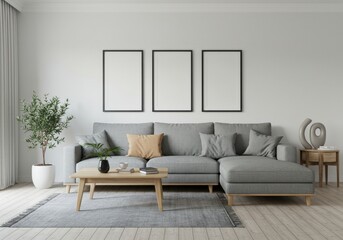 Minimalist living room with gray L-shaped sofa, wood table, and black frames