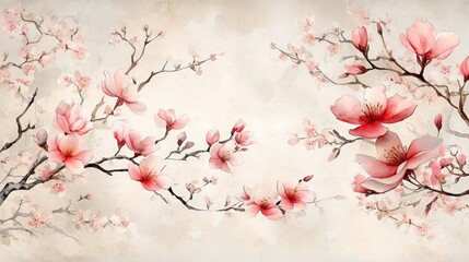 A delicate illustration of pink cherry blossoms on a soft, textured background.