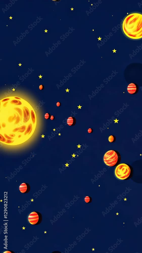 Poster A colorful image of a planet with many small dots surrounding it. The planet is orange and has a large eye in the center