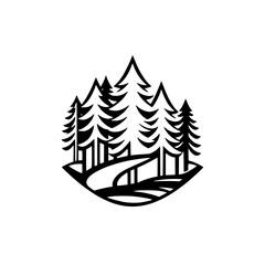 Minimalist depiction of a forest and road, set within an elliptical shape, black and white, stylized.