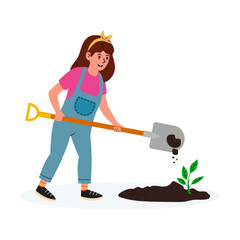 Planting a seedling in the garden with a shovel on a sunny day