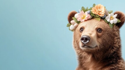Bear wearing floral headband on light blue background. Easter, Pascha, Paskha, Ostern, Pascua, Paques - Orthodox and Catholic Holiday celebration