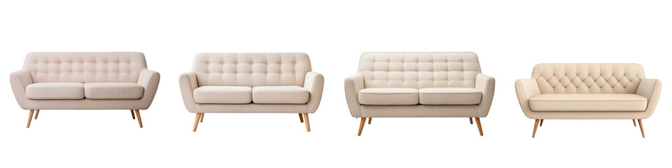 Fototapeta premium Collection of sleek modern and minimalist sofas and couches in neutral colors and materials like leather and fabric