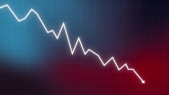 Glow zigzag simple line Stock market growth and loss, graph chart with arrows moving down, falling diagram, motion graphic on a red classic abstract Grid background
