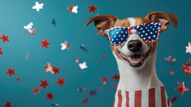 Happy dog in american flag sunglasses with red and blue stars on teal background. Independence Day, Fourth of July, July 4th - American Freedom Celebration, US National Holiday USA