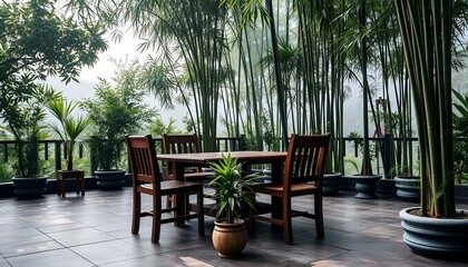 Obraz premium An open dining room with a calming bamboo forest view, soft lighting, and wooden furniture. Suitable for cozy and peaceful interior designs.
