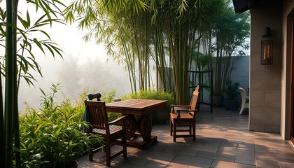 Obraz premium terrace with a wooden table and chairs in the middle of a misty bamboo forest, stone floors, and soft lighting. Ideal for calm and natural outdoor designs.