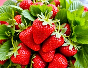 Ripe fresh strawberries with green leaves, photographed from above. Suitable for designs focused on fresh fruits and healthy food.