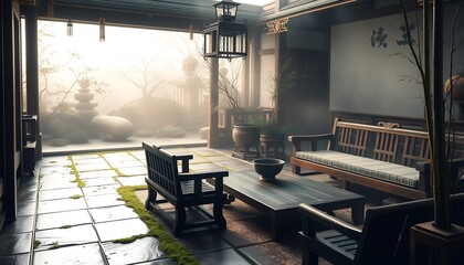 A traditional Japanese living room with a misty garden in the background, wooden furniture, and stone floors. Perfect for relaxation and Asian culture concepts.