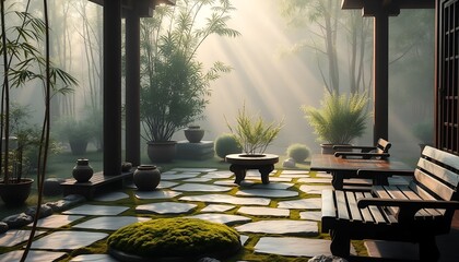 serene Japanese living room with a misty garden, wooden furniture, and stone floors, creating a peaceful and mystical atmosphere. Suitable for designs focused on meditation and relaxation.