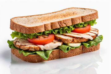 Whole wheat sandwich isolated on white with juicy grilled chicken and colorful fresh veggies for a clean look