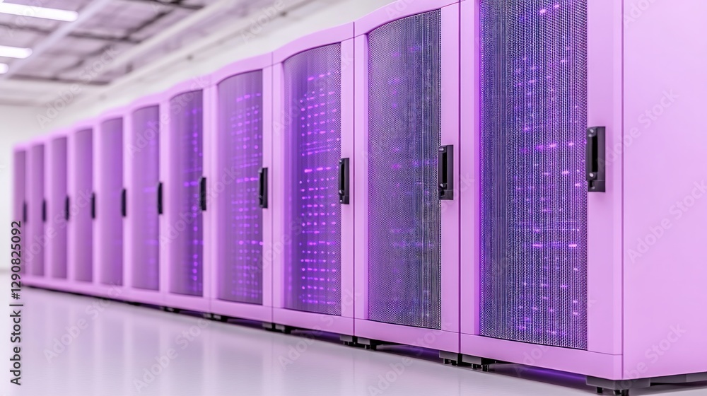 Poster A row of purple servers illuminated in a high-tech data center environment