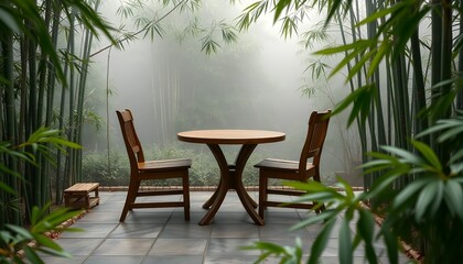 Wooden table and chairs on a terrace with a misty bamboo forest backdrop. Ideal for calm and minimalist interior design concepts.