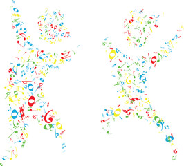 Vector Dancing Silhouettes with Musical Notes and Symbols – Abstract Music Party Illustration