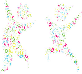 Vector Dancing Silhouettes with Musical Notes and Symbols – Abstract Music Party Illustration