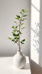A twig with green leaves in a white vase on a white table, creating a peaceful and minimalist atmosphere. Suitable for designs focused on simplicity.