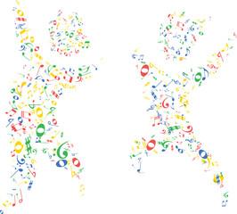 Vector Dancing Silhouettes with Musical Notes and Symbols – Abstract Music Party Illustration