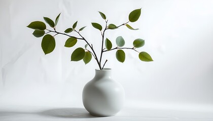 Minimalist display of a twig with green leaves in a white vase on a white table. Ideal for modern and natural home decor concepts.