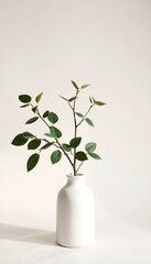 Minimalist display of a twig with green leaves in a white vase on a white table. Ideal for modern and natural home decor concepts.