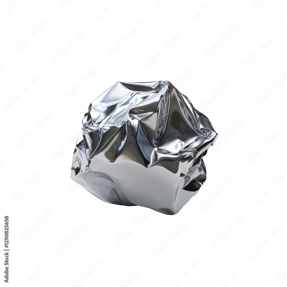 Poster shiny crumpled silver foil object with multiple reflective surfaces and smooth metallic texture