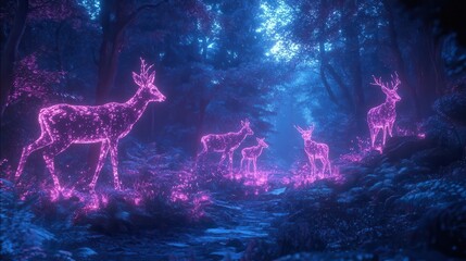 A forest scene with neon-lit holographic animals walking through a futuristic landscape, blending tech and wildlife, Fantasy, Digital Art, Vivid colors