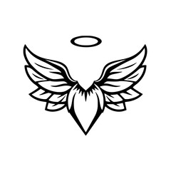 Angelic wings and halo, vector illustration. Black and white graphic, depicting stylized wings and halo, minimal design.