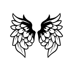 Black and white image featuring a vector illustration of symmetrical feathered wings on a white background.