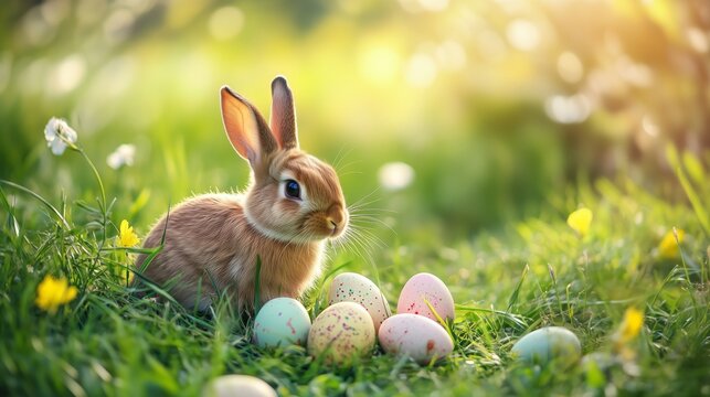 Ein kleines Kaninchen sitzt neugierig neben bunten Ostereiern. Das sanfte Sonnenlicht taucht die Fr&uuml;hlingswiese in einen warmen Glanz