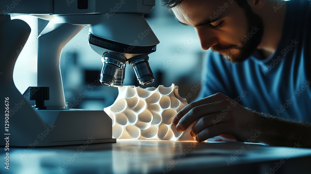Poster scientist examining 3d printed model under microscope detailed research development innovation techn