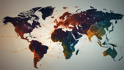 A colorful, abstract world map with interconnected lines and nodes