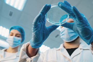 team of doctors man and woman in protective medical clothing working in a modern medical...
